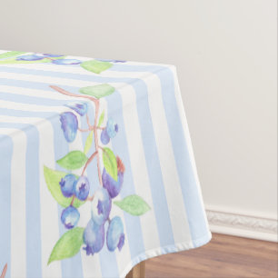 Cute Watercolor Blueberry Botanical Strips Pattern Tablecloth