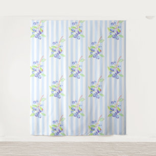 Cute Watercolor Blueberry Botanical Strips Pattern Tapestry