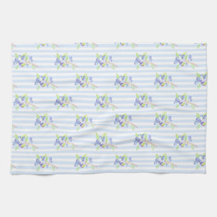 Cute Watercolor Blueberry Botanical Strips Pattern Tea Towel