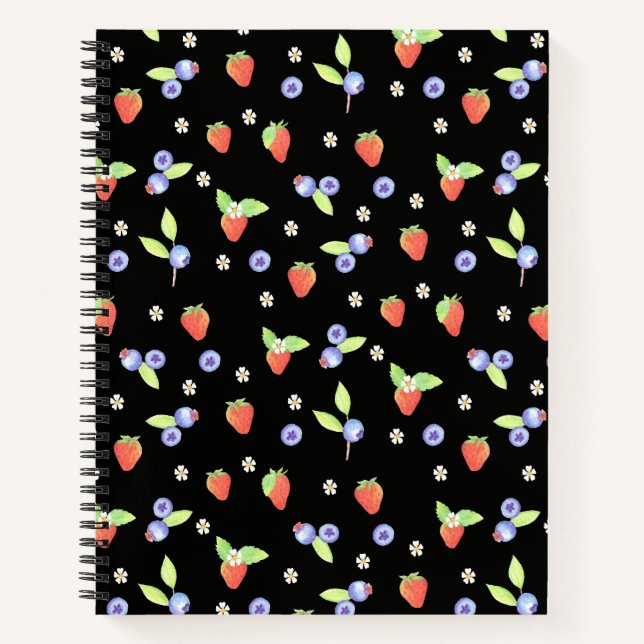 Cute Watercolor blueberry strawberry Pattern Notebook (Front)