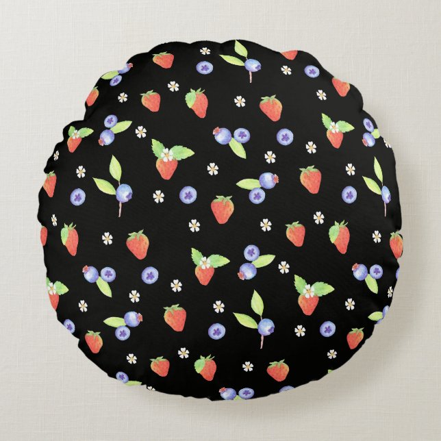 Cute Watercolor blueberry strawberry Pattern Round Cushion (Front)