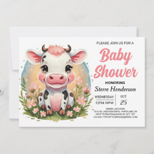 Cute Watercolor Boho Cow Baby Shower Invitation