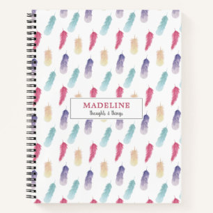 Cute Watercolor Boho Feathers Personalised Notebook