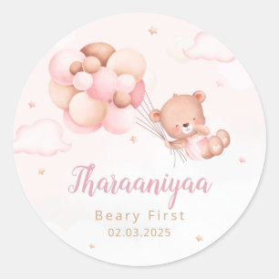 Cute Watercolor Boho Teddy Bear Girl baby Shower Classic Round Sticker