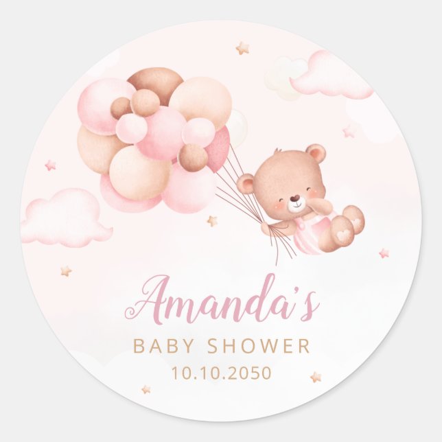 Cute Watercolor Boho Teddy Bear Girl baby Shower Classic Round Sticker (Front)