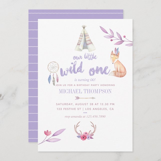 Cute Watercolor Boho Tribal Boy Birthday Party Invitation (Front/Back)