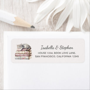 Cute Watercolor Books and Cat Return Address  Label