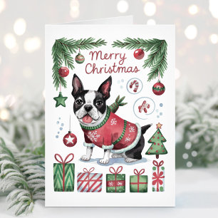 Cute Watercolor Boston Terrier Christmas Card