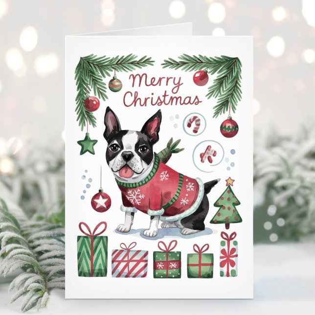Cute Watercolor Boston Terrier Christmas Card (Creator Uploaded)
