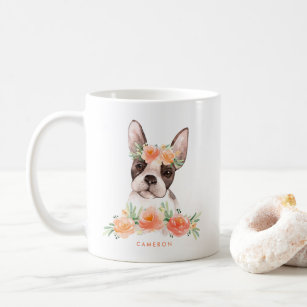 Cute Watercolor Boston Terrier Peach Floral Coffee Mug