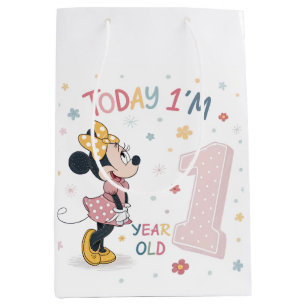 Cute Watercolor Bow Mouse Girl 1st Birthday  Medium Gift Bag
