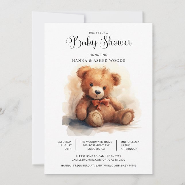 Cute Watercolor Bowtie Teddy Bear Baby Shower Invitation (Front)