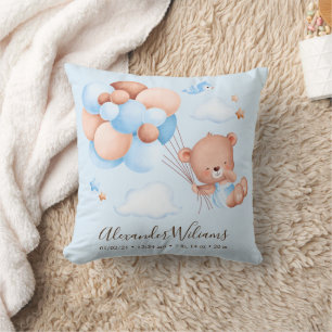 Cute Watercolor Boy Teddy Bear with Balloons  Cushion