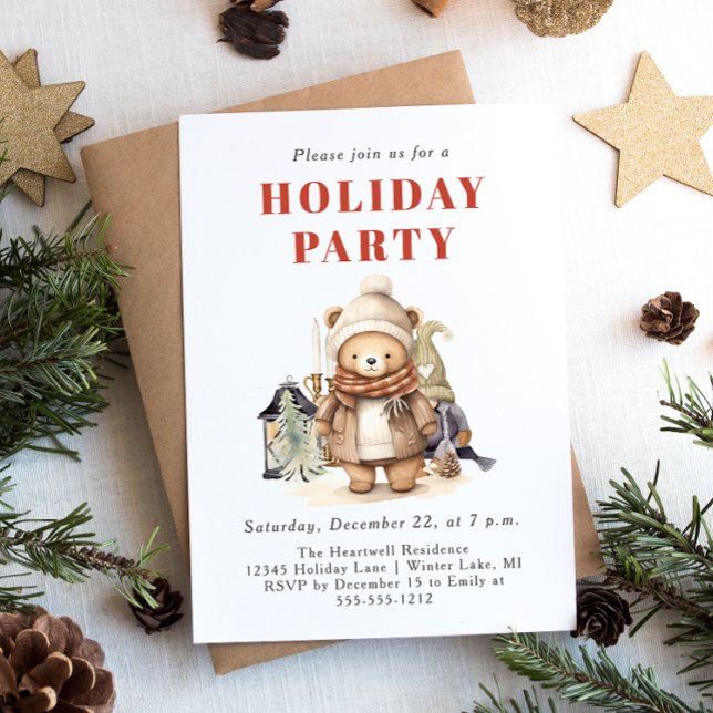Cute Watercolor Brown Bear Holiday Party Invitation (Creator Uploaded)
