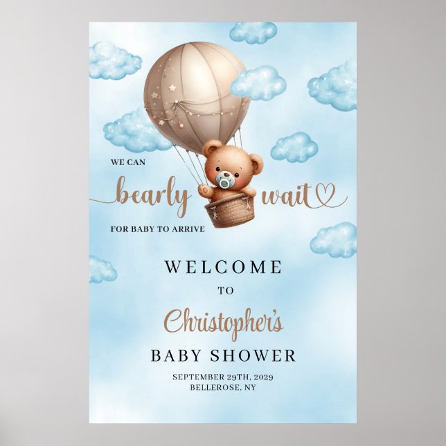 Cute watercolor brown teddy bear hot air balloon poster (Front)