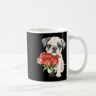 Cute watercolor bulldog puppy holding red roses coffee mug