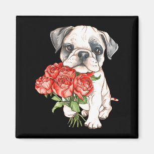 Cute watercolor bulldog puppy holding red roses magnet