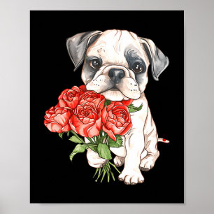 Cute Watercolor Bulldog Puppy Holding Red Roses re Poster