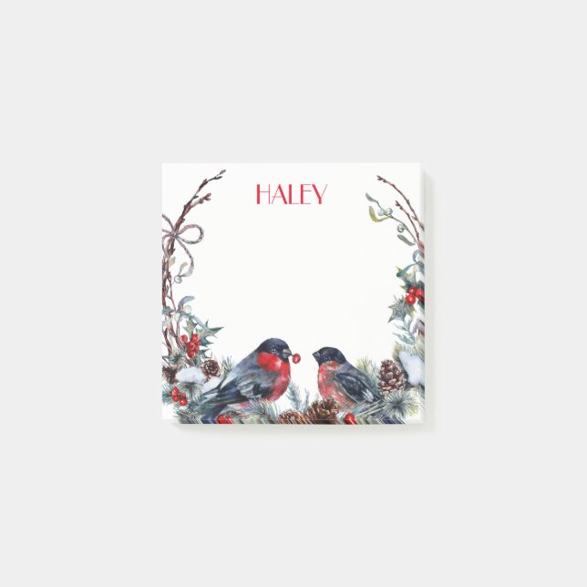 Cute Watercolor Bullfinches Wreath Post-it Notes (Front)