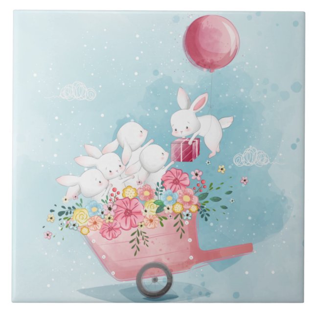 Cute Watercolor Bunnies  Ceramic Tile (Front)