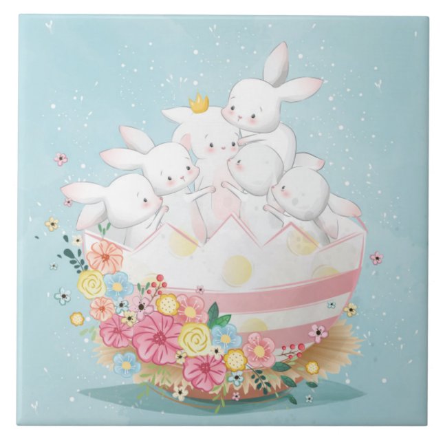 Cute Watercolor Bunnies  Ceramic Tile (Front)
