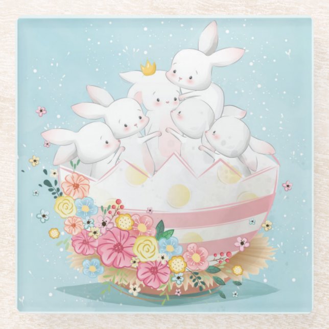 Cute Watercolor Bunnies Glass Coaster (Front)