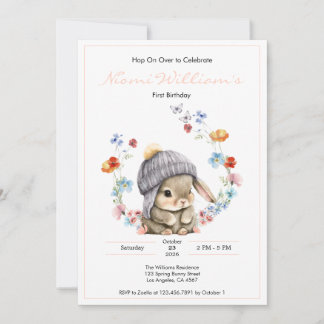 Cute Watercolor Bunny 1st Birthday Invitation