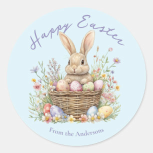 Cute Watercolor Bunny and Easter Egg Floral Photo  Classic Round Sticker