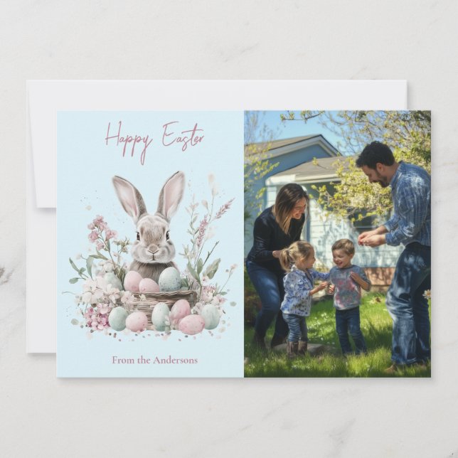 Cute Watercolor Bunny and Easter Egg Floral Photo  Holiday Card (Front)