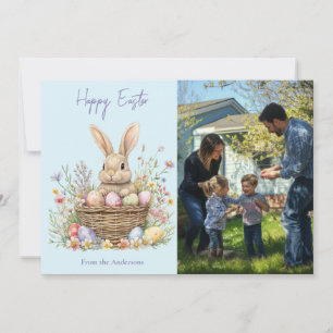 Cute Watercolor Bunny and Easter Egg Floral Photo Holiday Card