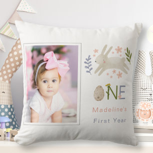 Cute Watercolor Bunny Baby Girl Birth Stats Photo Cushion