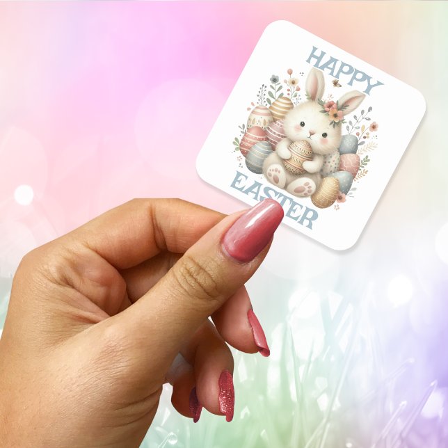 Cute watercolor Bunny Easter  Square Sticker (Cute watercolor Bunny Easter Square Sticker)