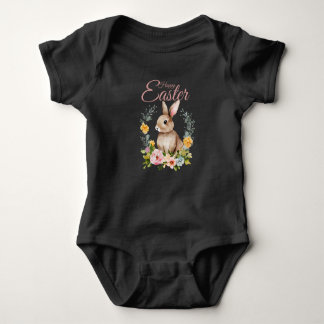 Cute Watercolor Bunny Floral Wreath Easter Baby Bodysuit