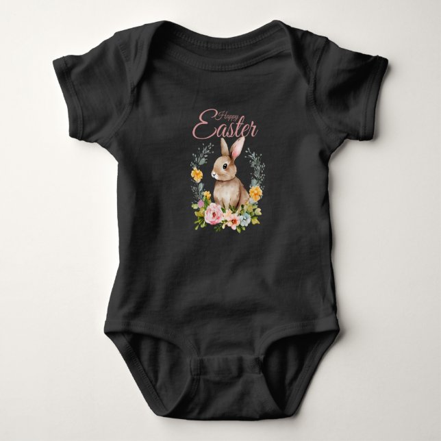 Cute Watercolor Bunny Floral Wreath Easter Baby Bodysuit (Front)