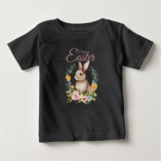Cute Watercolor Bunny Floral Wreath Easter Baby T-Shirt