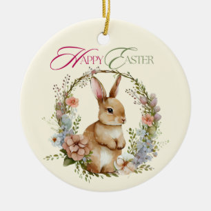 Cute Watercolor Bunny Floral Wreath Easter Ceramic Ornament