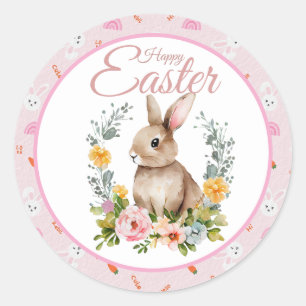 Cute Watercolor Bunny Floral Wreath Easter Classic Round Sticker
