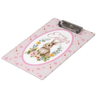 Cute Watercolor Bunny Floral Wreath Easter Clipboard