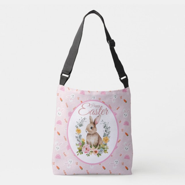 Cute Watercolor Bunny Floral Wreath Easter Crossbody Bag (Front)