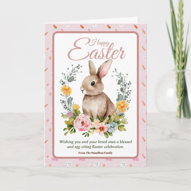 Cute Watercolor Bunny Floral Wreath Easter Holiday Card (Front)