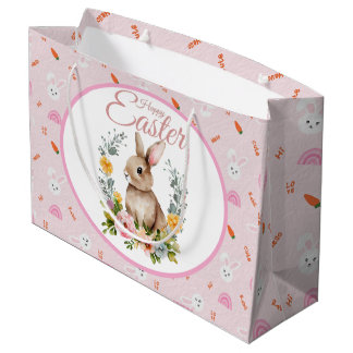 Cute Watercolor Bunny Floral Wreath Easter Large Gift Bag