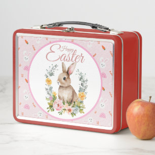 Cute Watercolor Bunny Floral Wreath Easter Metal Lunch Box