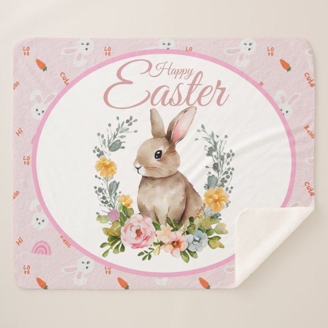 Cute Watercolor Bunny Floral Wreath Easter Sherpa Blanket (Front (Horizontal))