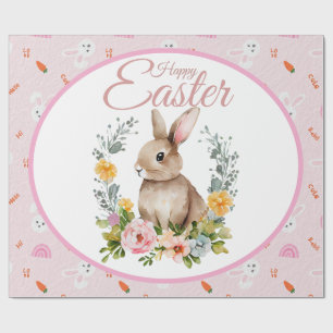 Cute Watercolor Bunny Floral Wreath Easter Wrapping Paper