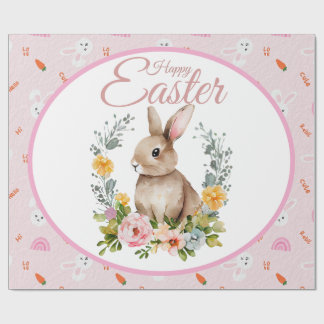 Cute Watercolor Bunny Floral Wreath Easter Wrapping Paper