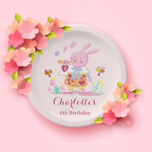 Cute Watercolor Bunny in Garden Kids Birthday Paper Plate