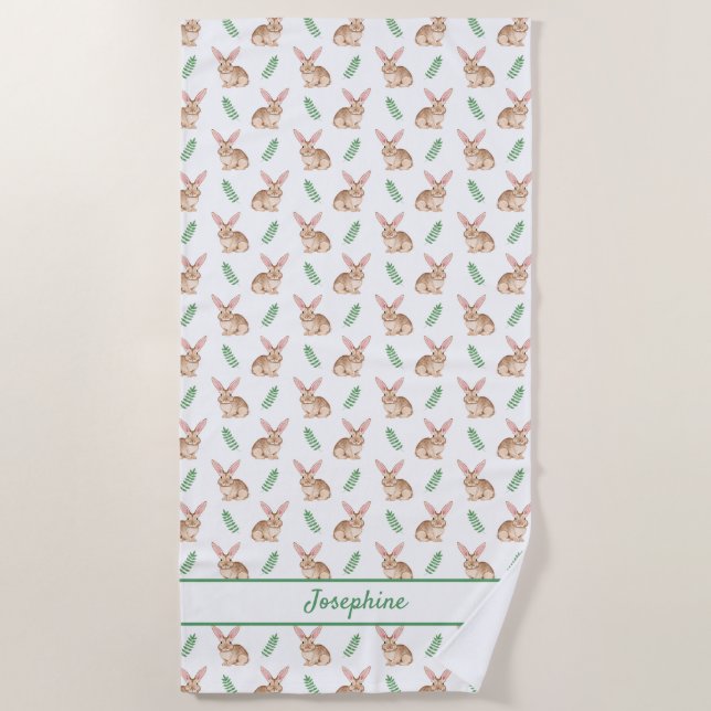 Cute Watercolor Bunny Pattern With Custom Name Beach Towel (Front)