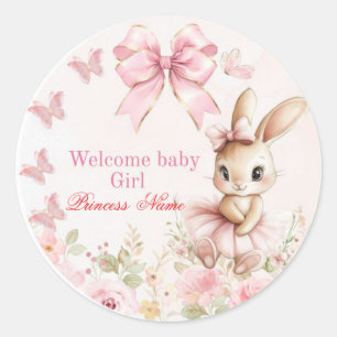 Cute Watercolor Bunny Pink Bow Welcome Baby Girl Classic Round Sticker