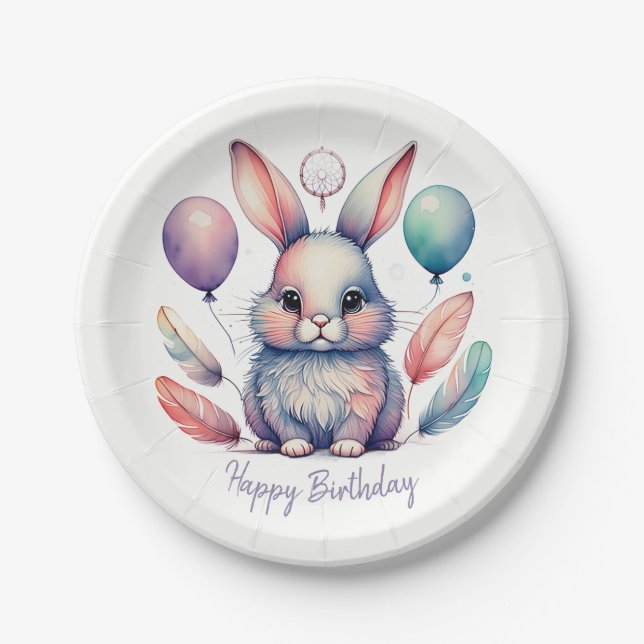Cute Watercolor Bunny Rabbit Balloons Birthday  Paper Plate (Front)
