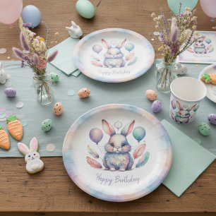 Cute Watercolor Bunny Rabbit Balloons Birthday  Paper Plate